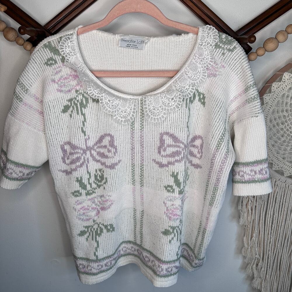 Vintage Sweater Loft Bow Lace Collar Granny Sweater